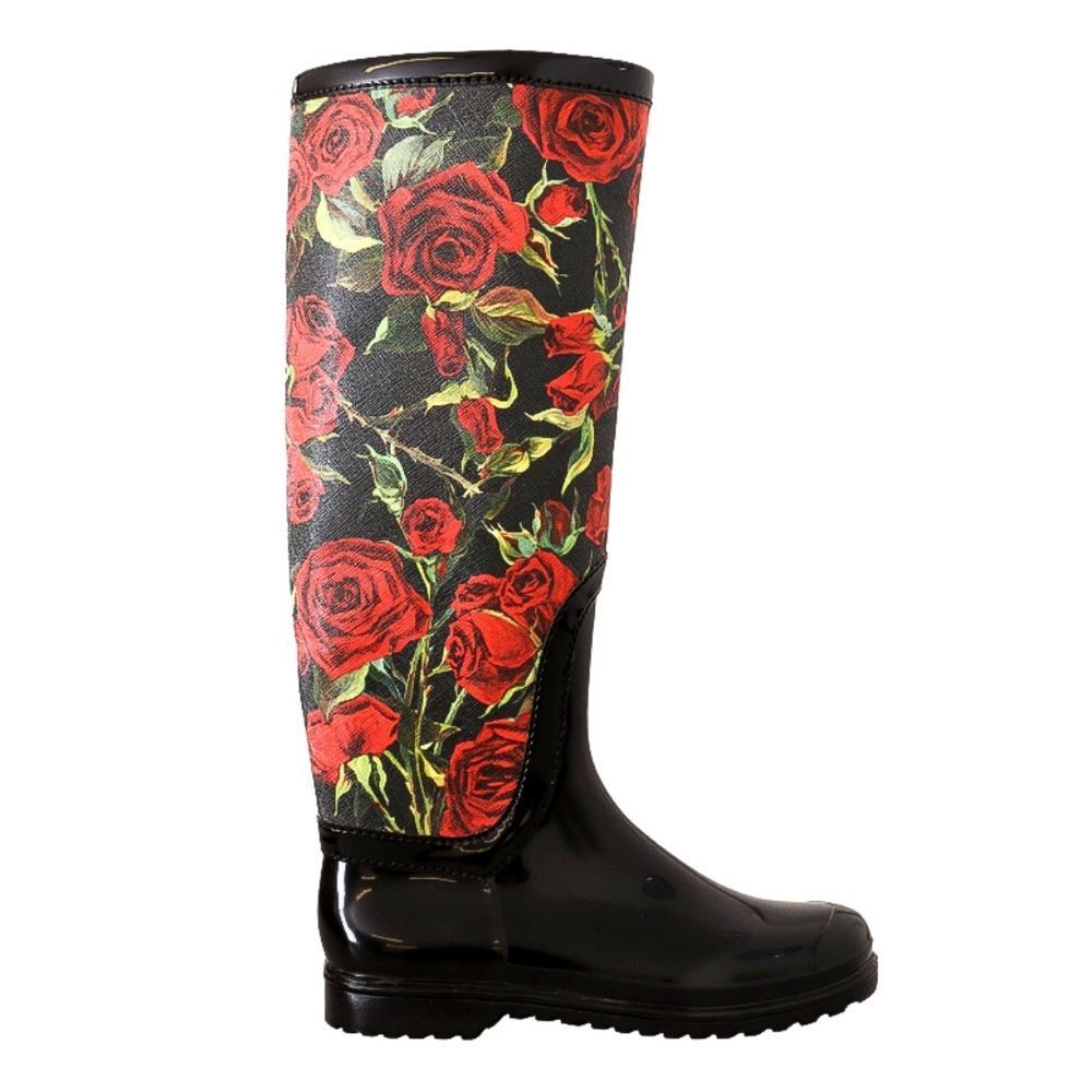 DOLCE & GABANNA Black Rubber Red Tall Knee High Rain Boots Shoes EU 38 - Picture 1 of 6